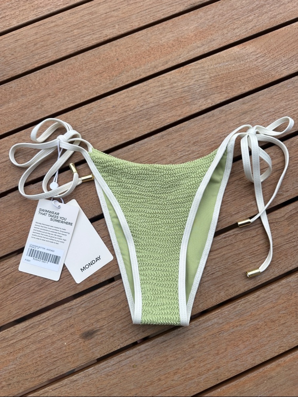 Monday Swimwear Le Marais Avocado Crinkle Size S Bikini Bottom with White Trim